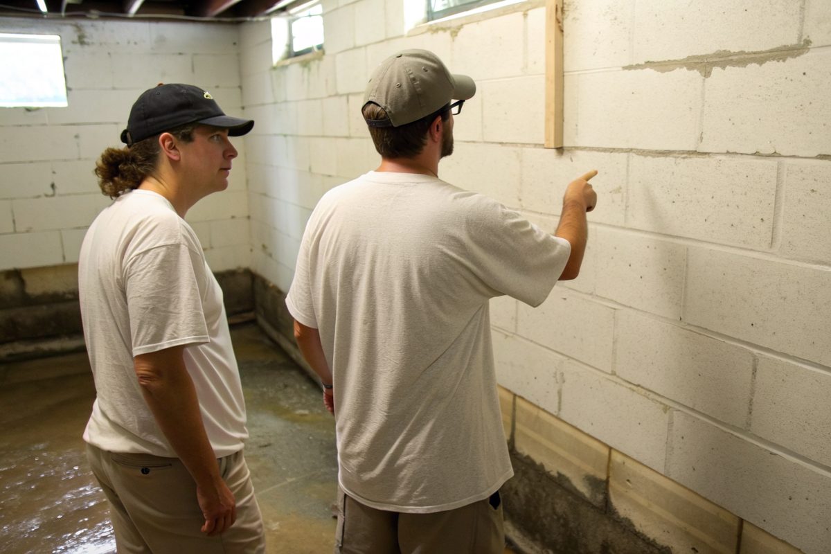 Two people looking at a damp patch at the base of a block wall in a bright unfinished basement
