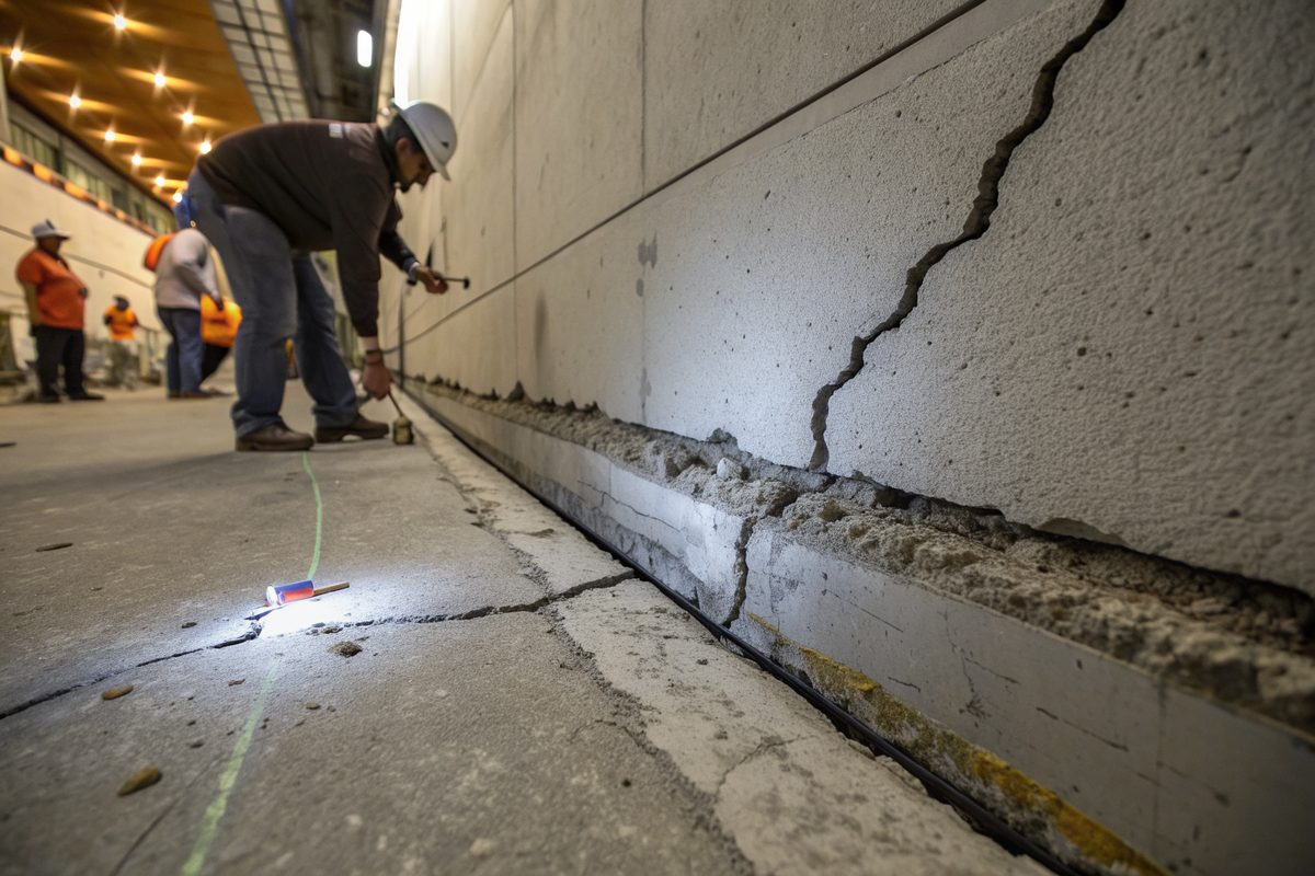 A sealed crack in a poured concrete wall with a line of small injection ports
