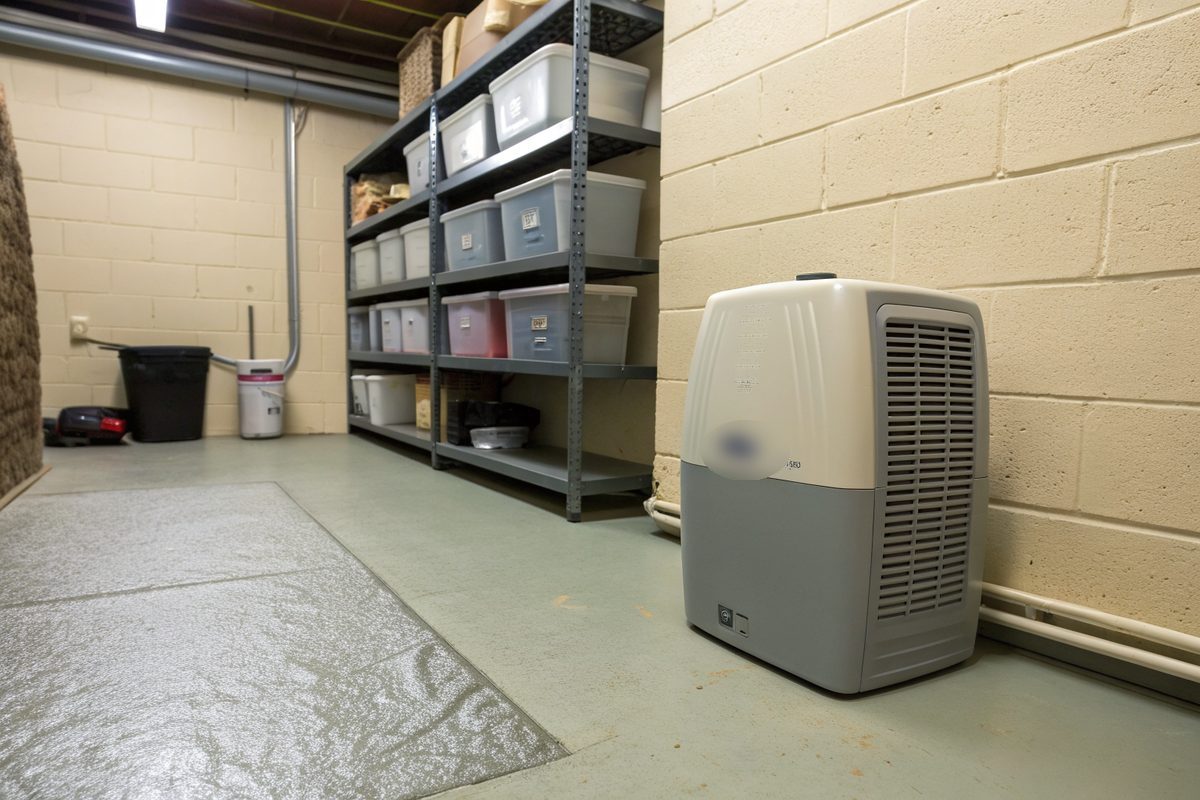 A gray dehumidifier on a dry painted basement floor beside storage shelves
