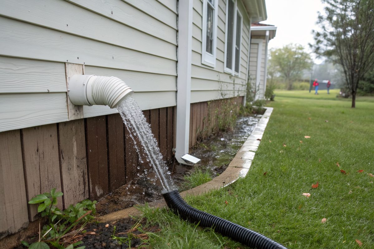 A downspout with a black extension carrying rainwater across a small lawn away from a frame house
