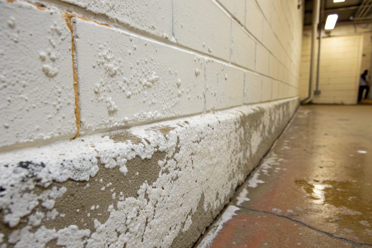 White powdery efflorescence and flaking paint near the floor of a painted block basement wall