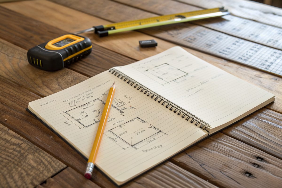 A notepad with a sketched basement floor plan, a pencil and a laser measure on a table