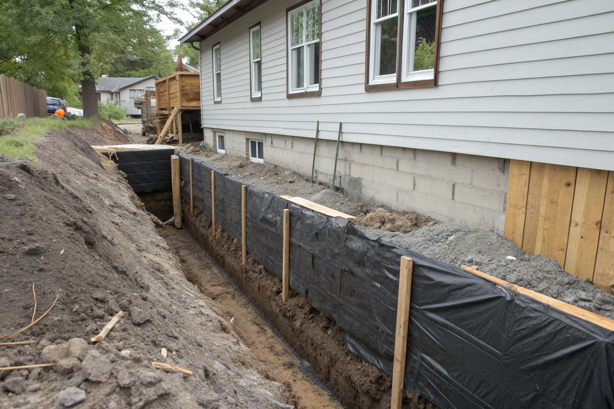 An excavation along an older house exposing a foundation coated in black waterproofing, clay piled beside it
