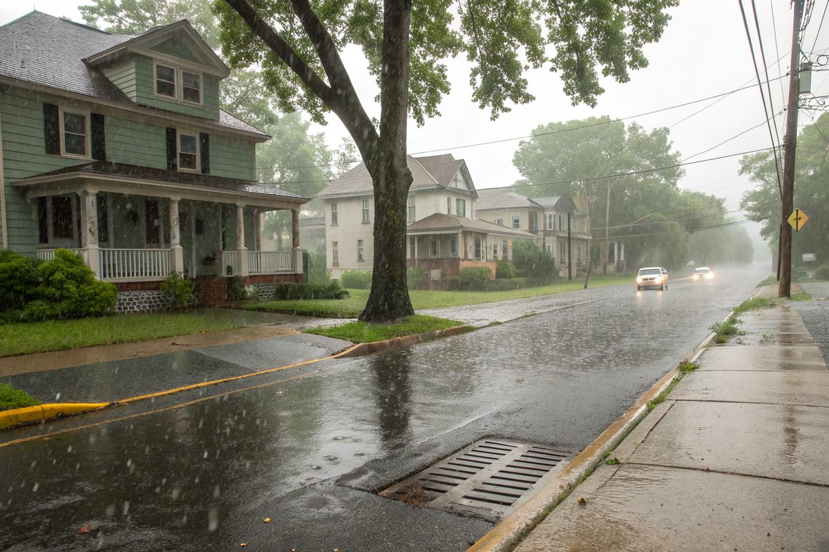 A summer downpour on a street of older frame houses with water pooling over a storm drain