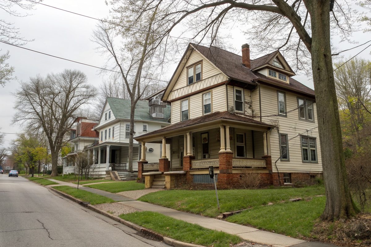 An older two-and-a-half story frame house with stacked front porches and small basement windows on a stone foundation