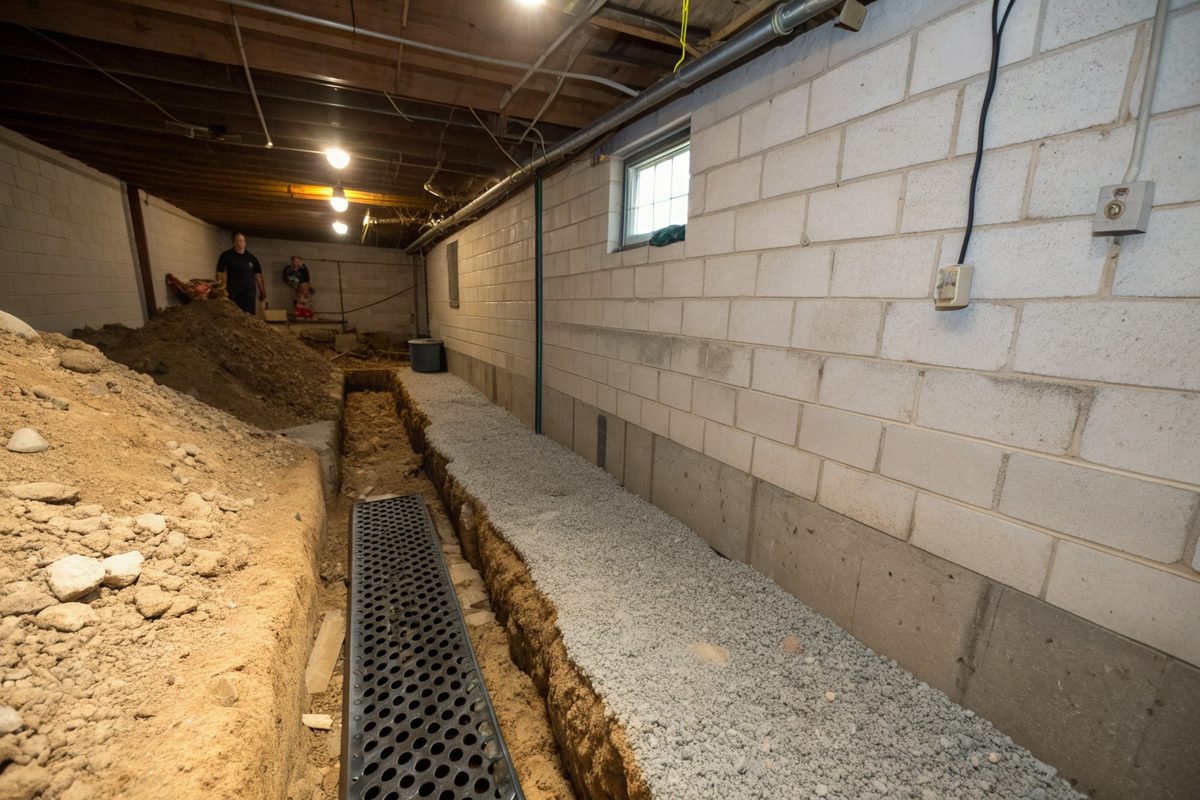 A trench cut into a basement floor along a block wall with gravel and a perforated drain pipe