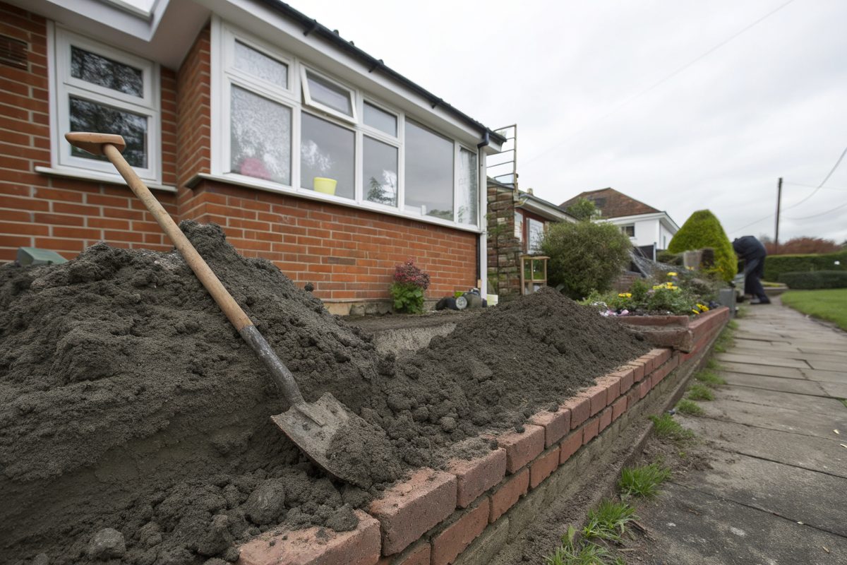 Gray clay soil being shoveled to slope away from the brick foundation of a bungalow