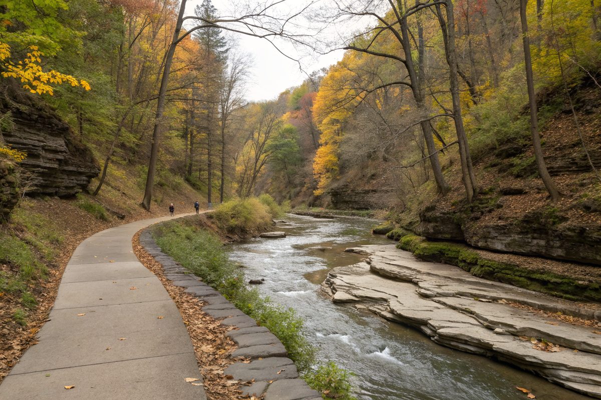 A wooded creek valley with a stream over flat shale ledges and a paved trail