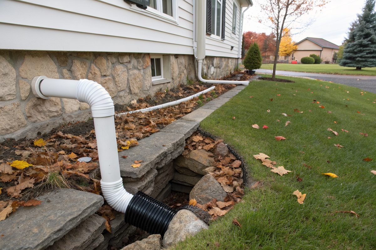 A white sump discharge pipe leaving a house wall above a stone foundation into a buried extension