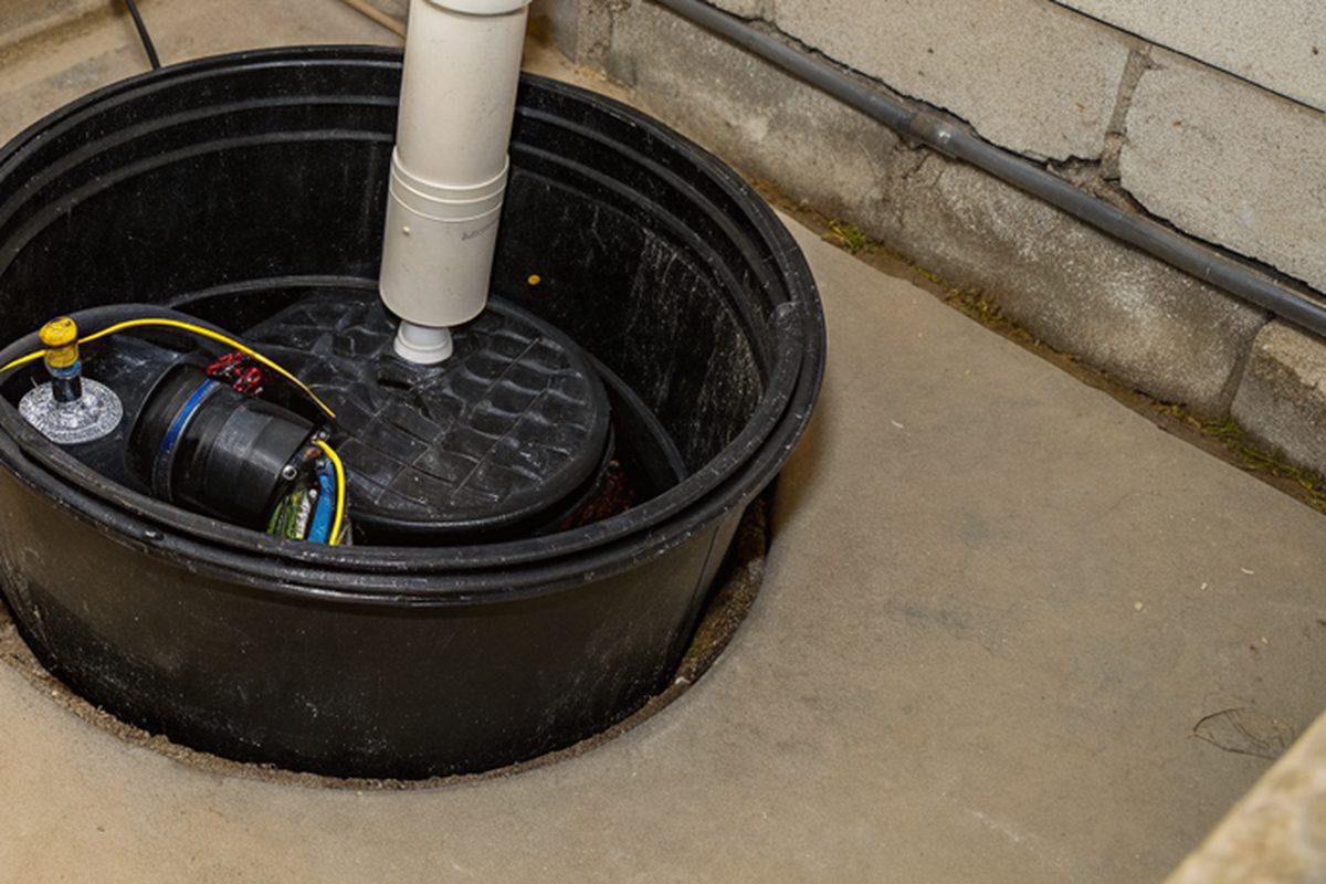 A sump pump in a black basin set into a concrete basement floor with a white discharge pipe