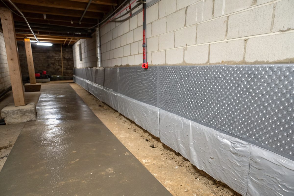 A gray dimpled drainage membrane along the lower half of an old basement wall