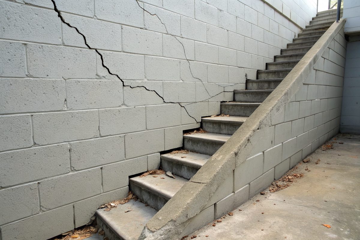 A stair-step crack running through the mortar joints of a gray block basement wall
