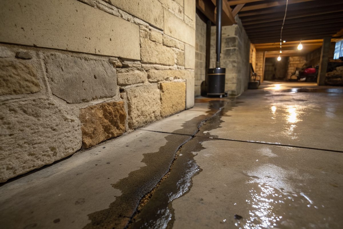 Water seeping in where an old sandstone block wall meets the basement floor, with a furnace behind