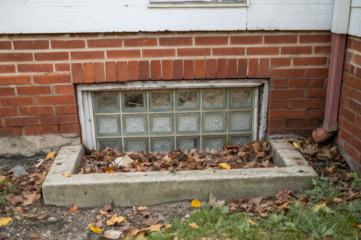 An old glass-block basement window low in a brick foundation with a small gravel well